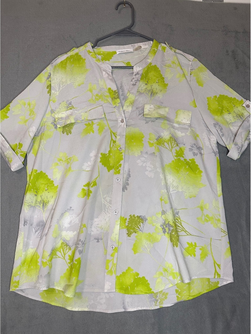 Calvin Klein Gray and Green Floral Blouse XL Womens